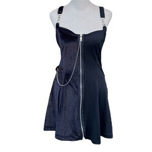 Gothic Alternative Black Velvet Split Chain Hook Zipper Skater Dress